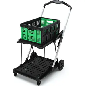 Garvee Foldable 2-Tier Shopping Cart with Wheels - Aluminum Frame Utility Cart w/Removable Crate for Groceries and Outdoor Activities