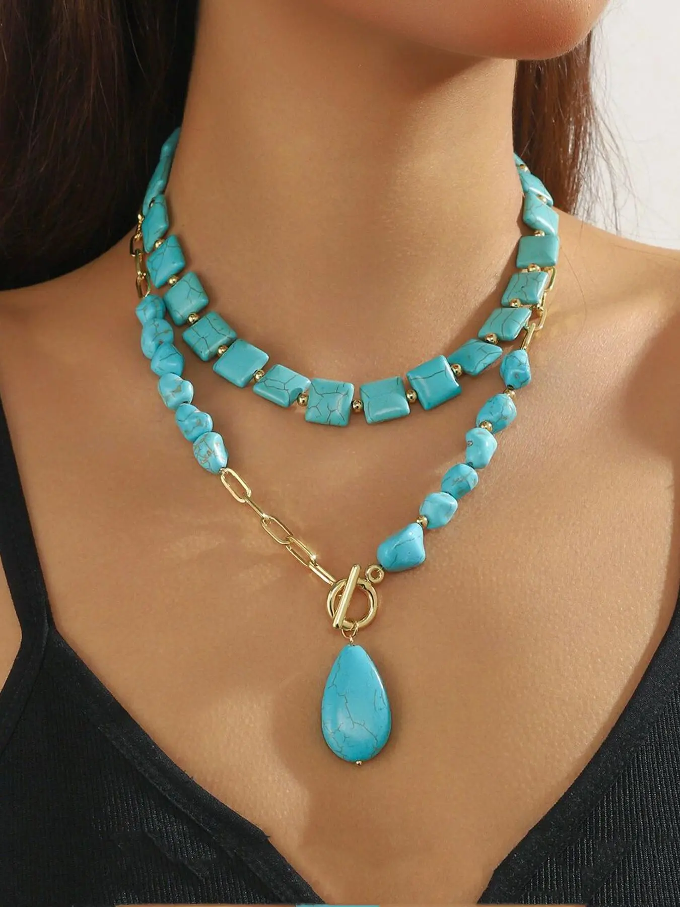 Turquoise Decorated Necklace for Women, Charms Necklace, Boho Style Jewelry for Party, Daily Clothing Decor, Trendy All-match & Exquisite Jewelry for Birthday Gift, Trendy Charm Necklaces, Fashion Jewelry Party