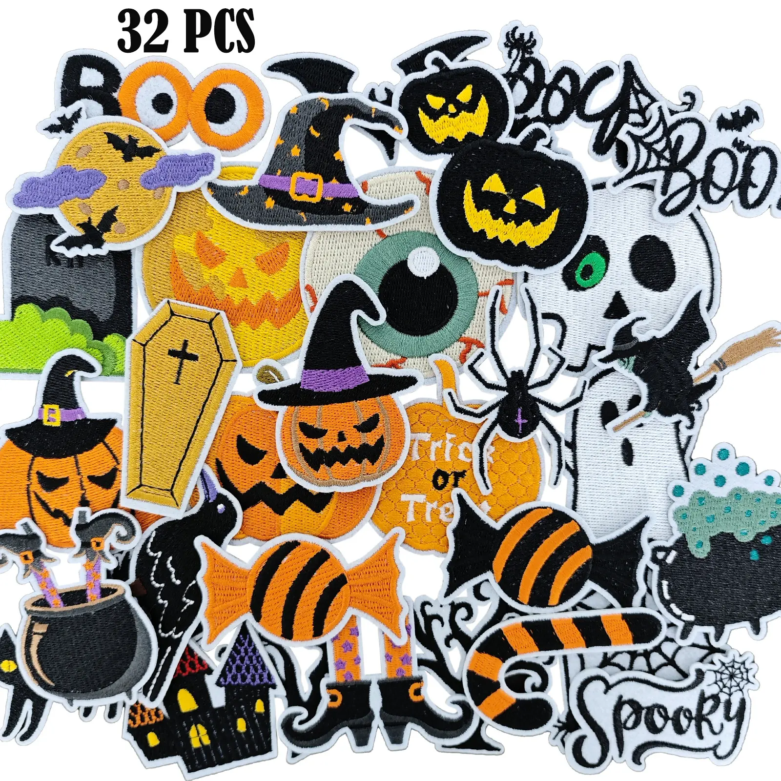 32pcs Easy Iron-On Halloween Autumn Embroidered Patches - Skull, Pumpkin, Ghost, Black Cat, Witch, Bat Sew-On Applique Repair Patches for Clothing, Backpack DIY Decor