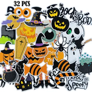 32pcs Halloween Autumn Iron on Patches Halloween Embroidered Sew Applique Repair Patch Skull Pumpkin Ghost Black Cat Witch Bats DIY Crafts for Clothing Jacket Jeans Pants Dress Backpack Hat Decor