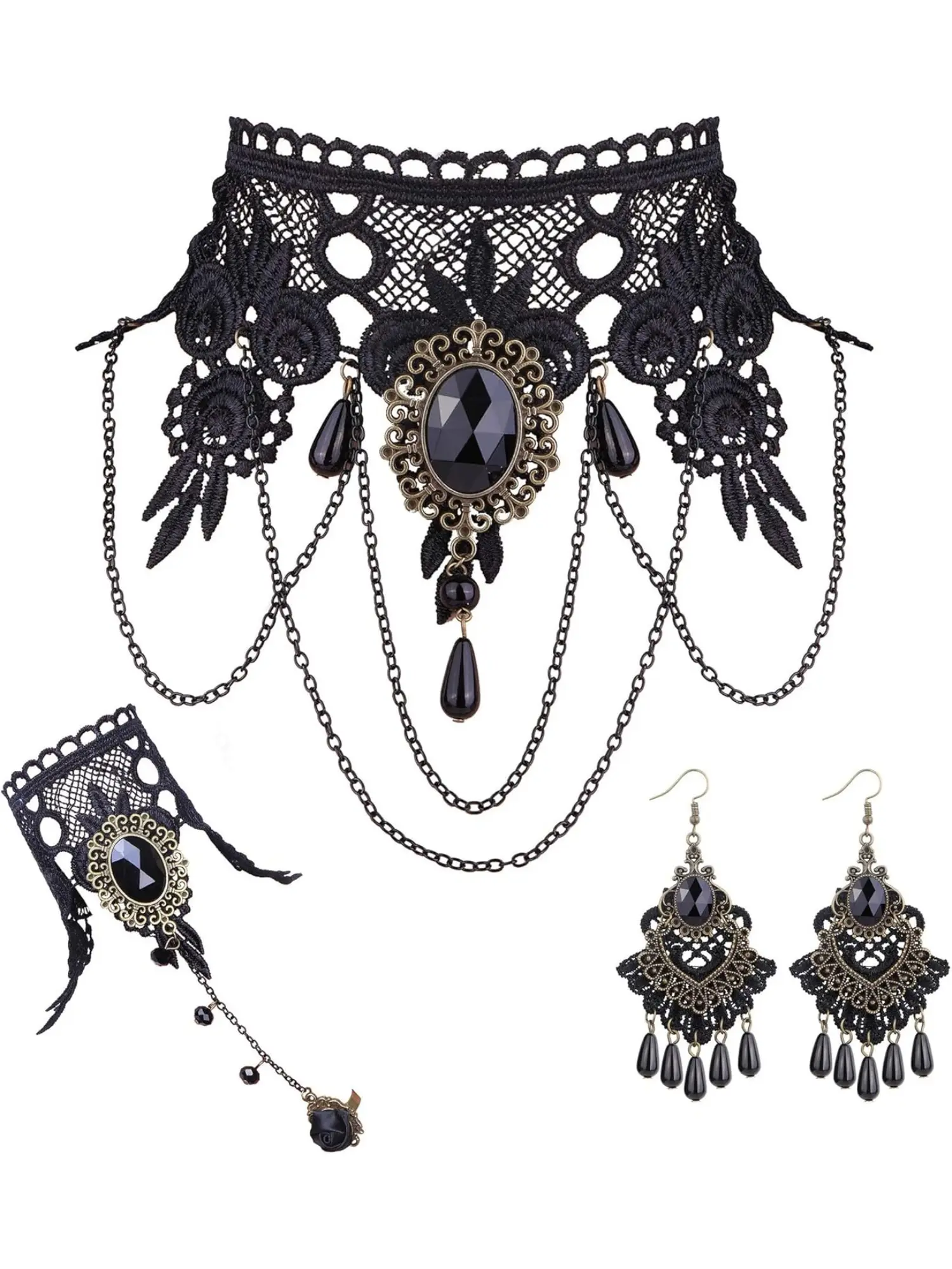 4PCS Gothic Witch Vampire Vintage Jewelry Set for Women Fashion Choker Set Black Lace Choker Necklace Long Fingerless Gloves Bracelet Earrings Punk Party Cosplay Accessories for Halloween Easter, Metal, Pearl
