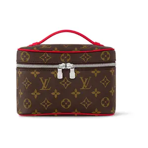 Louis Vuitton Monogram Mini Handheld Makeup Bag for Women, Brown and Blush Leather-Trimmed Coated Canvas