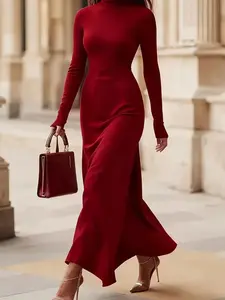 Elegant High Neck Long Sleeves Formal Long Dress for Women, Perfect for Parties and Evening Events, Soft and Comfortable Casual Wear, Fall & Winter Fashion