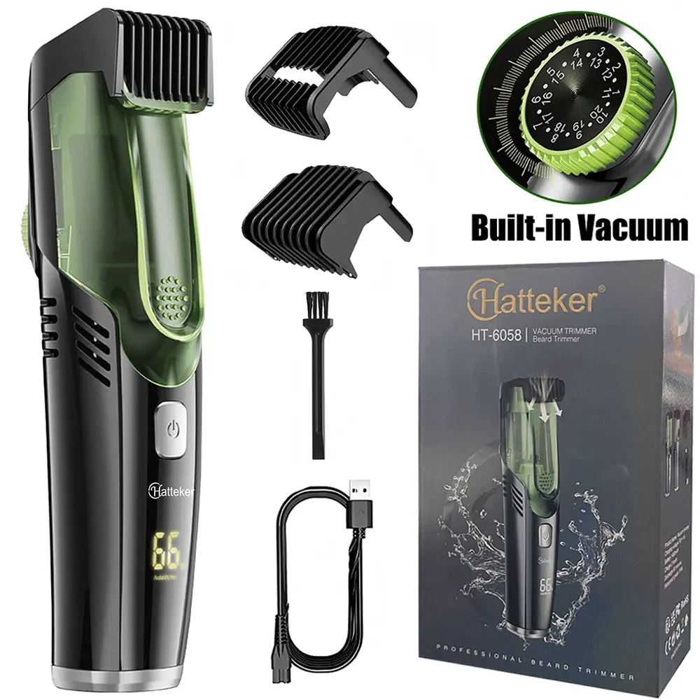 HATTEKER Cordless Beard Trimmer Kit for Men with Built-in Vacuum, IPX7 Waterproof Facial Hair Groomer with Long Lasting Rechargeable Battery & LED Display for Precise Styling, Batteries, Hair Styling, Stubble, Built-In Vacuum Clipper