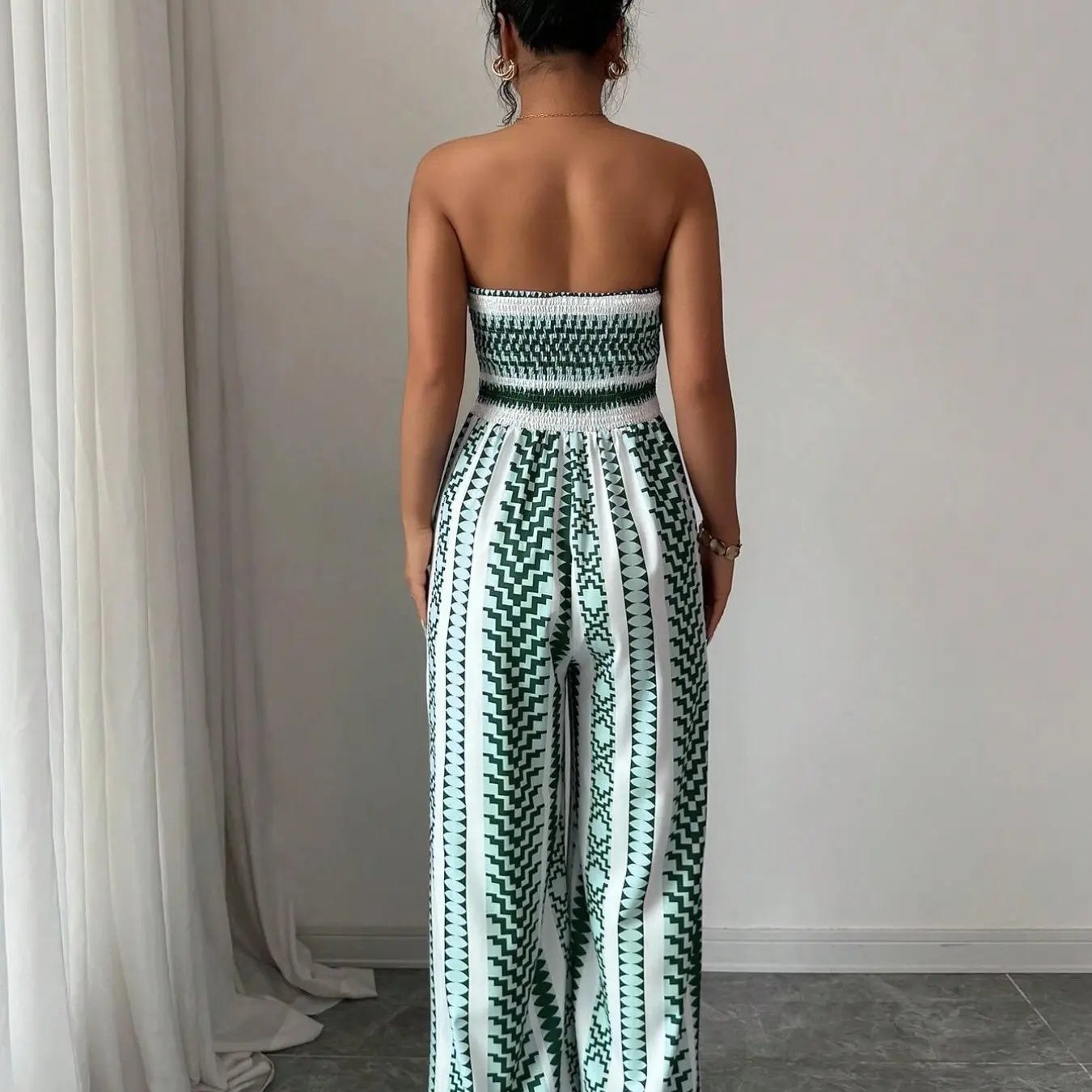 Breathable Flowy Wide Leg Geometric Printed Jumpsuit, Sleeveless Boho Style, Fit, High Waist, Leaf Print, Split Thigh Slit, Perfect for Beach, Work, Date Night