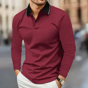 Men's stylish casual classic retro long-sleeved polo shirt, men's spring and autumn solid color golf shirt, slightly stretchy polyester knit fabric, regular fit.