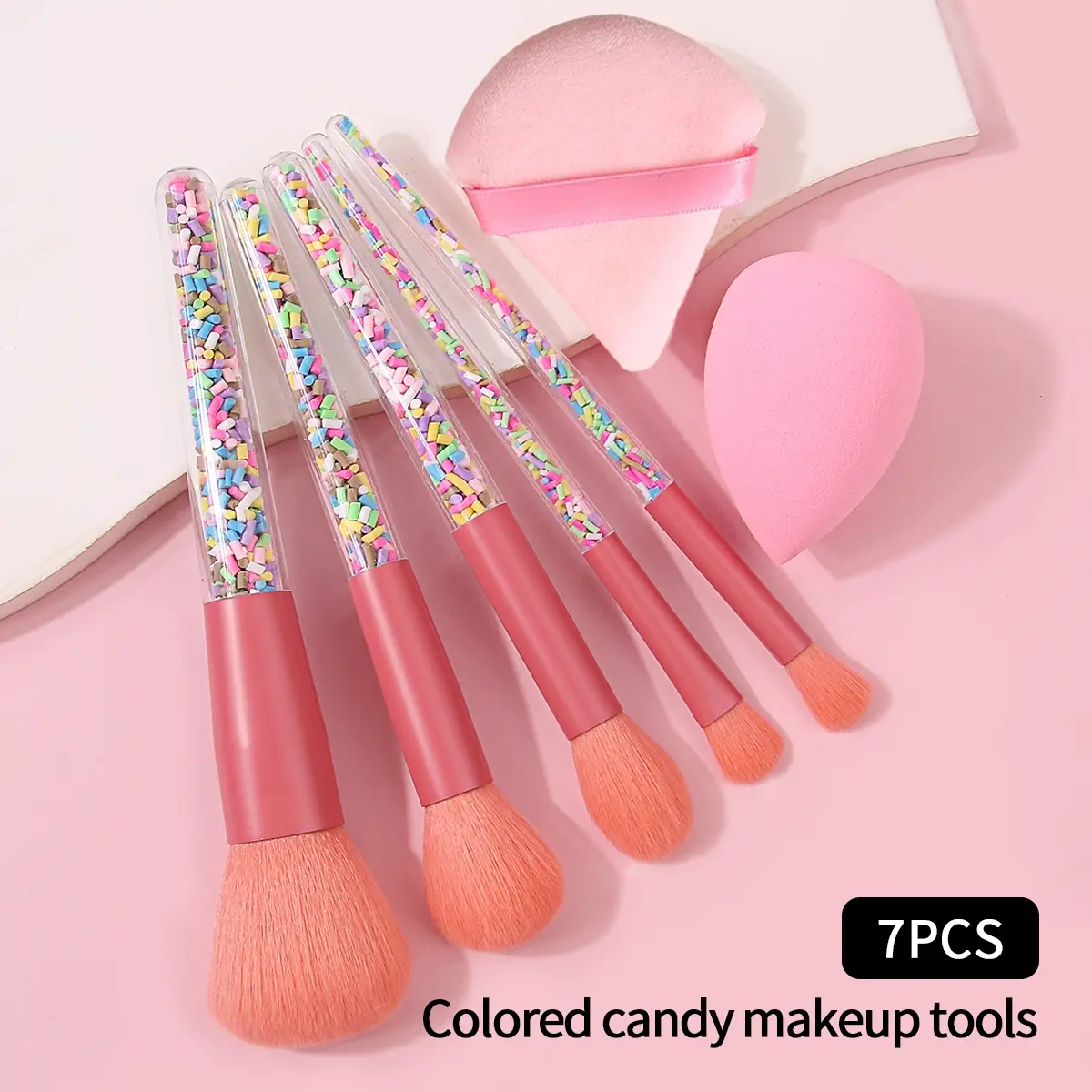 The 7PCS makeup brush set includes candy powder brush, blush brush, contactor brush, eyeshadow brush, multi-functional brush set, and makeup sponge egg/triangular powder puff, Cosmetic brushes