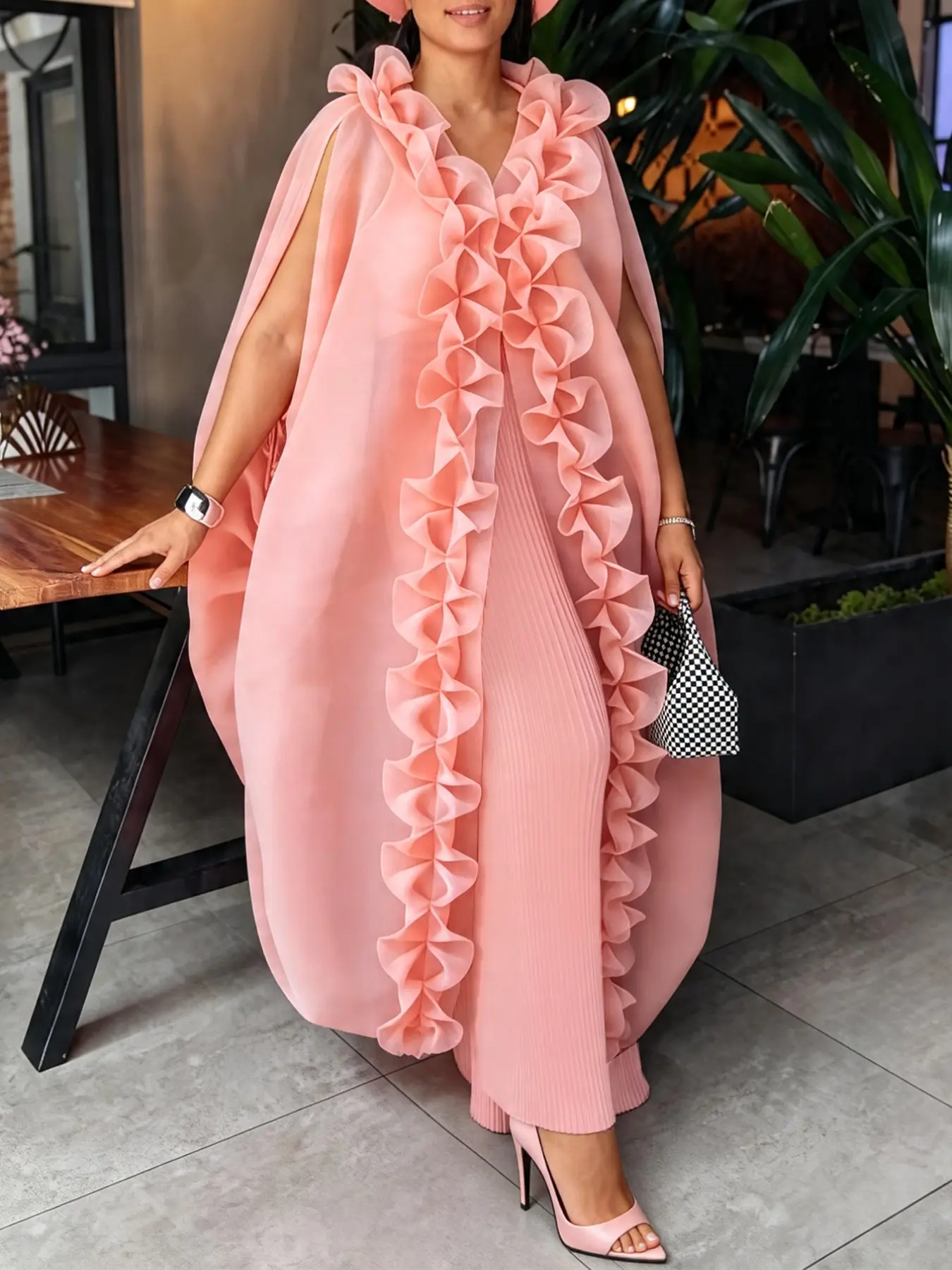 Elegant African Style Two-Piece Set, Ruffled Sleeveless Loose Kaftan Top, High-Waisted Wide-Leg Pleated Pants, Perfect for Events and Parties