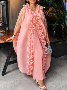 Elegant African Style Two-Piece Set, Ruffled Sleeveless Loose Kaftan Top, High-Waisted Wide-Leg Pleated Pants, Perfect for Formal Events and Parties, Chic Elegance Outfit, Womenswear