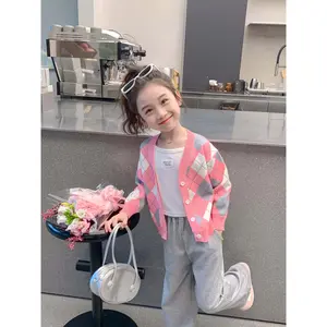 Girls' Cozy Fleece-Lined Knit Cardigan - Pink & White Checkered V-Neck with Button Front, Long Sleeves, and Ribbed Cuffs - Perfect for Fall/Winter Casual Wear, Winter Clothing for Girls