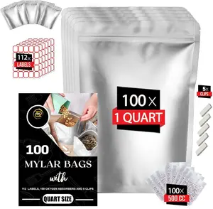 100 count Quart Mylar Bags with 100 x 500cc  Absorbers-112 Labels & 10 MIL Thick Stand-Up  Airtight Resealable Bags with 5 Clips - Large Mylar Bags For  Storage