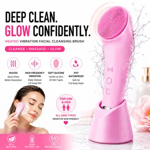 Facial cleansing brush, heated vibrating massage facial cleansing brush, silicone facial cleansing brush, suitable for both men and women, deep cleansing electric facial cleaner, gentle exfoliation (pink)
