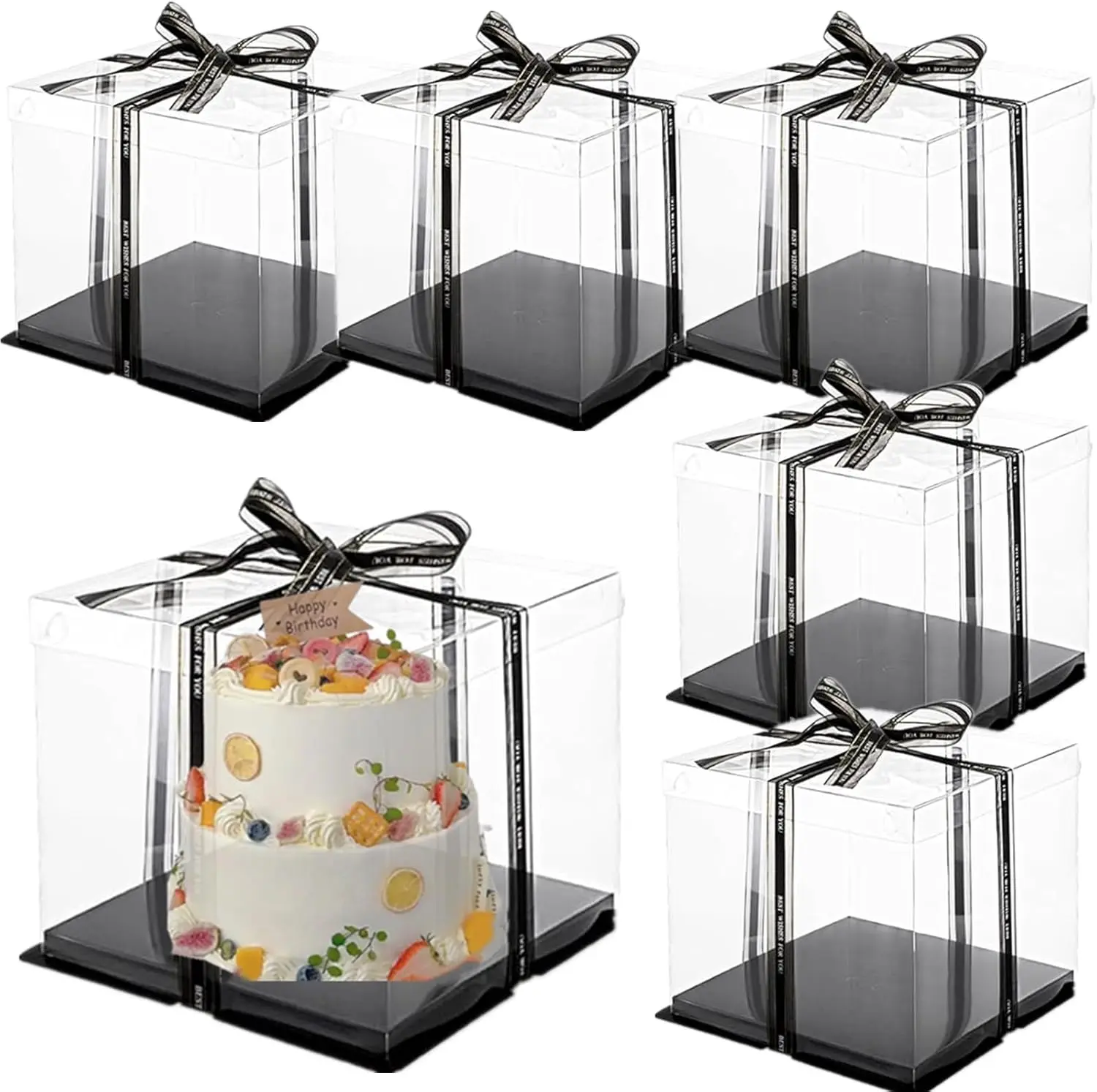 6 Pack Sturdy Clear Bakeware Cake Boxes with Cover & Ribbon, 10x10x9in Tall Carrier for 2-Layer Cakes, Transparent Pastry Gift Boxes with Lid & Black Board for Birthday, Wedding Packaging