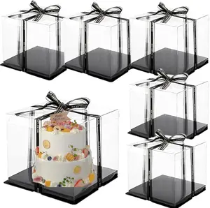 6 Pack Clear Cake Box with Ribbon, Tall Cake Carrier for 2-Layer Cake Holder, 10x10x9 inches Transparent Gift Boxes for Pastries with Lid and Black Board, Display Wedding Gift Packaging