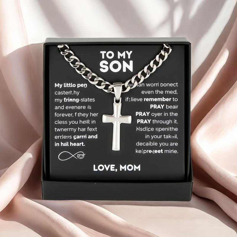 To My Son Cross Pendant Necklace – Stainless Steel Cuban Chain – Silver – With Gift Card