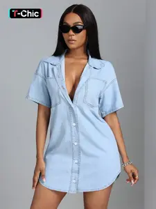 Elegant Summer Women's Lapel Short Sleeve Slim Fit Dress, Single Button Denim Shirt Mini Skirt, Stylish Casual Wear