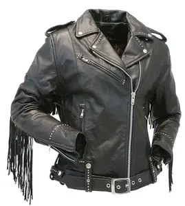 JAMIN LEATHER® Ladies Stud & Fringe Leather Jacket L9028ZSFK Black Asymmetric Zipper Belted Coats with Front Pockets & Chrome Accents