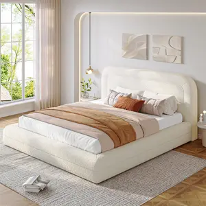 Raybee Cloud Bed with Ultra-Soft Headbaord for Queen, Full, King, Luxury Anti-Collision Platform Bed Frames, Marshmallow Bed Frame with Boucle Fabric & Round Corner, Durable Metal Slats, Beige