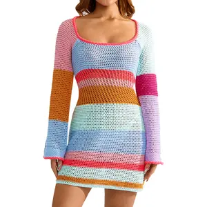 Women‘s Color Block Crochet Square Neck Flare Sleeve Mini Dress