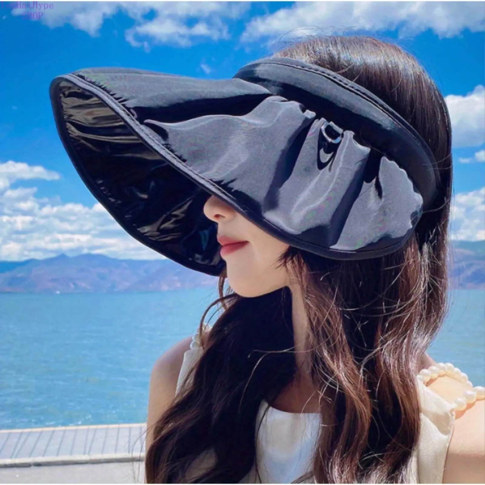 Women's Foldable Black Glue Shell Empty-Top Visor Bucket Hat - Wide-Brim, UV-Resistant, Breathable, Lightweight, Portable, Anti-Glare Full Face Cover, Stable Stylish Sunshade for Summer Beach, Outdoor Cycling