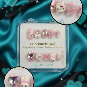 Myokii Nails - Kawaii Short Set with Heart and Bunny Designs, Handmade Nails for Brightening Your Fingers and Life