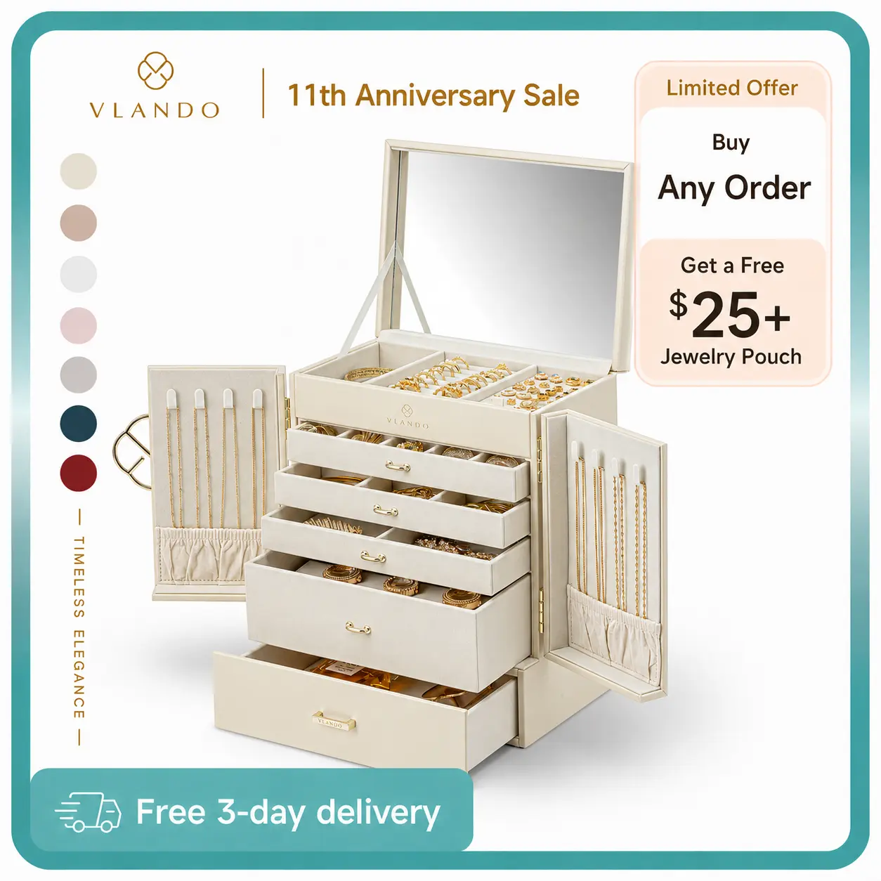VLANDO Large Jewelry Box with 6 Tier Jewelry Boxes & Organizers, Mirror Jewelry Storage Case with 5 Drawers, Faux Leather, Gift for Women summerwins,dorm essentials,home decor