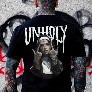 UNHOLY Defiant Nun Print Men's T-Shirt,Top Menswear, Cotton Tee Shirt Casual Streetwear
