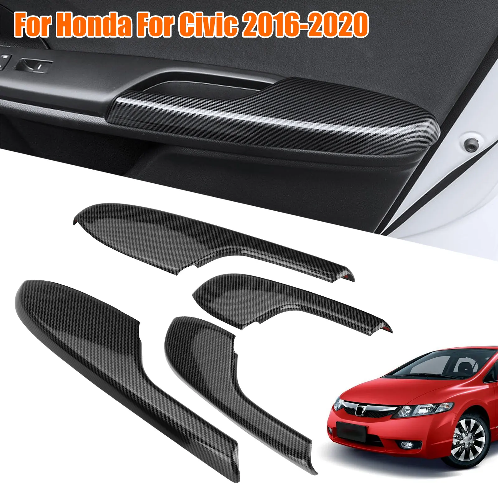 4Pcs Carbon Fiber Door Armrest Panel Trim Cover Set - Self-adhesive Car Front Rear Side Door Armrest Panel Decorative Cover Protective Frame,for Honda Civic 2016-2020, Black, Door Handle Trim Cover wrap sticker