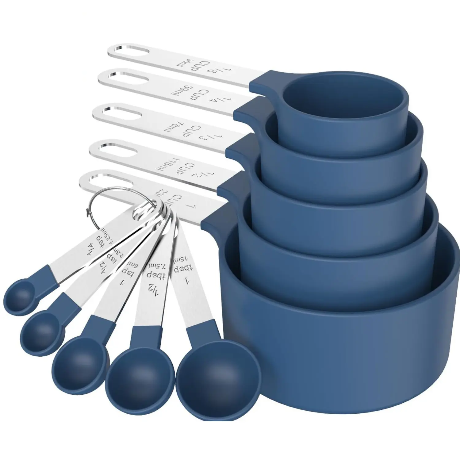 Plastic Nesting Stackable Measuring Cups and Spoons Set - Engraved Rustproof Stainless Steel Handles, 0-500 ml Precise Baking Cooking Kitchen Utensils, Nest-for-Storage Gadgets (Blue)