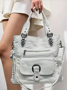 Ladies' fashionable retro tote bag, personalized Y2K hot girl motorcycle bag, washed vegan large capacity front pocket, single shoulder crossbody bag, black and white, PU Tote Satchel