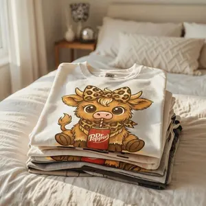 [SALE UP TO 50%] Cute Highland Cow Dr Pepper Sweatshirt / T-Shirt / Hoodie – Adorable Baby Cow Drinking Soda Graphic with Leopard Bow, White Cozy Kawaii Style, Gift for Cow Love