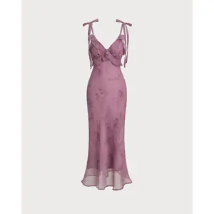 Purple Floral Ruffle Tie Strap Midi Dress