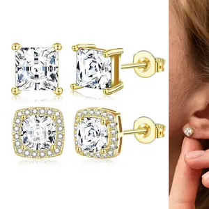 Gold Plated Halo Stud Earrings & Silver Plated Cubic Zirconia Round Square Set for Women Men Elegant Versatile Unisex Jewelry