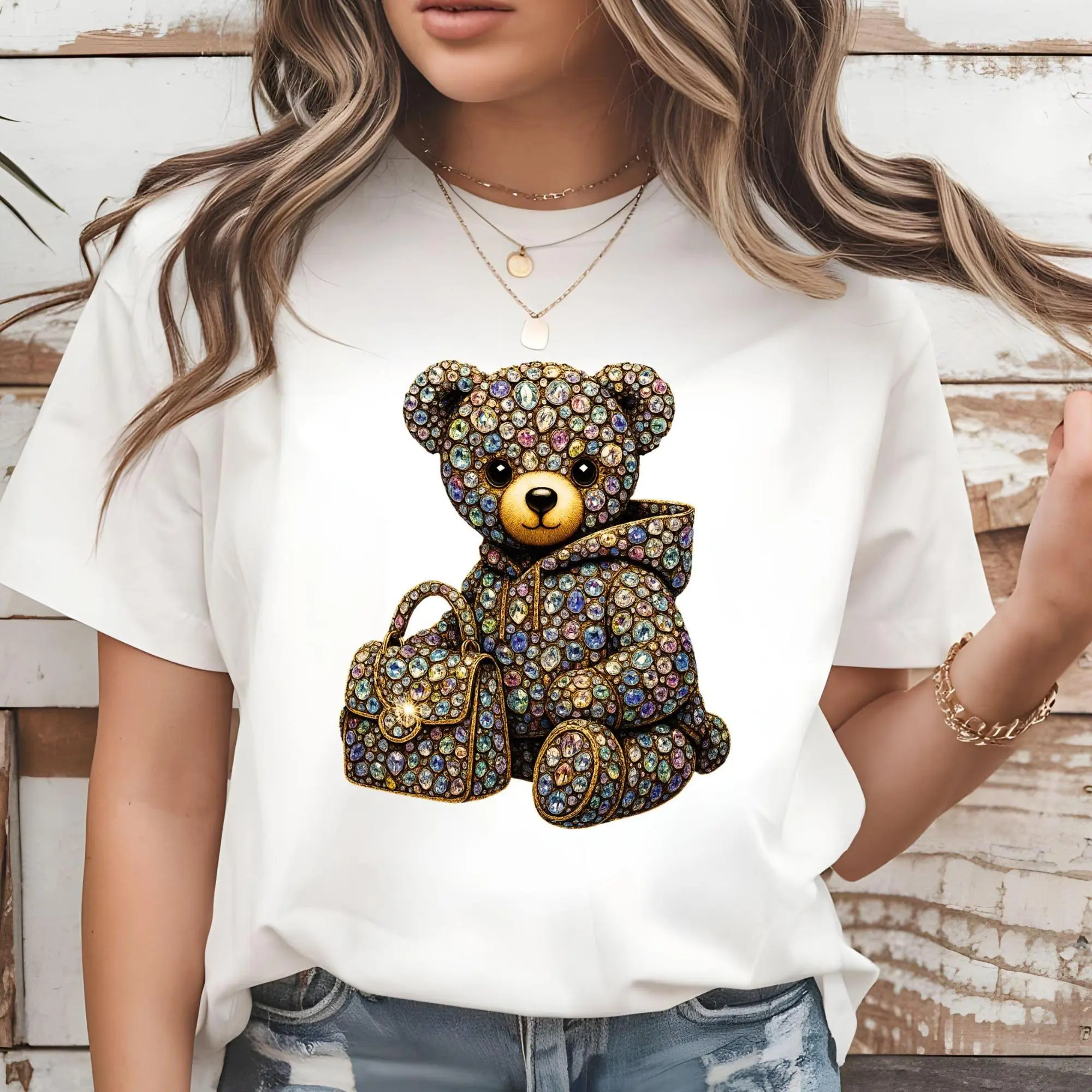 Luxury Rhinestone Teddy Bear T-Shirt – Glam Fashion Unisex Tee