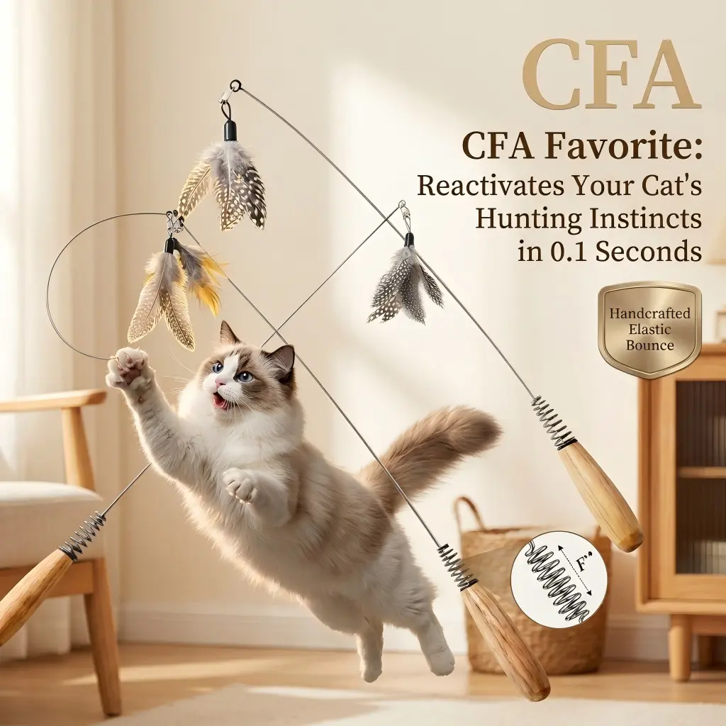 Interactive Cat Wand Toy with Feather Refills - 20in Flexible Wire, Sturdy Natural Wood Handle, Bell, Universal-Fit Feathers for Indoor Kitties, Exercise Boost