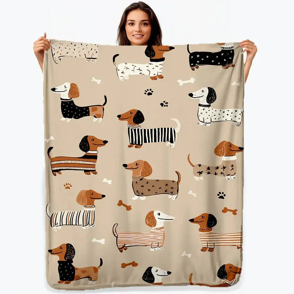 Dachshund Print Soft Flannel Blanket - Brown, Black, White Dog Pattern, Suitable for Home/Travel, All-Season Bedding Throw
