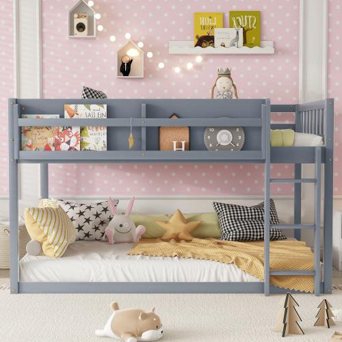 Twin Over Twin Low Bunk Bed, Floor Bunk Bed with Ladder, Solid Wood Twin Bunk Bed