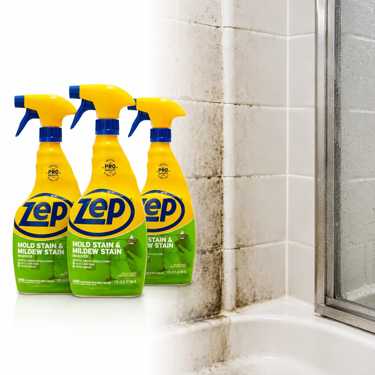 ZEP Mold and Mildew Stain Remover, bleach cleaner, mold stains, mildew stains, bathroom grout, shower tile, tub surround, porcelain sink, fiberglass shower, acrylic tub, toilet bowl, patio chairs, soap scum, dirt, grime, bacteria, viruses, spray