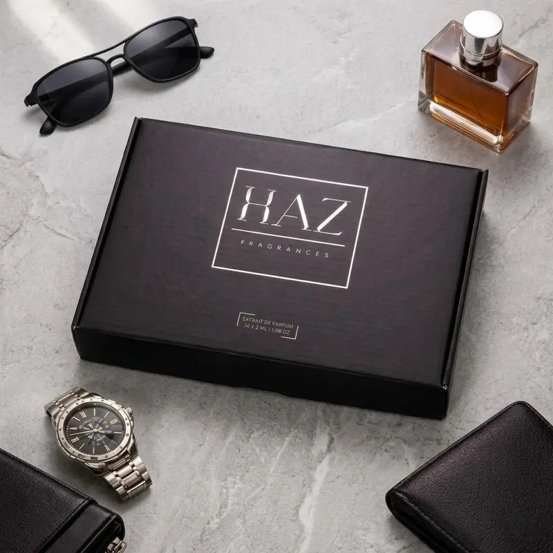 HAZ Men's 16-Piece Extrait de Parfum Sample Box - 2ml Collectible Miniatures, Bold Confident Masculine Blend with Sweet Citrus Aromatic Woody, Amber Warmth & Aquatic Notes, Alt. Fragrances Gift Set
