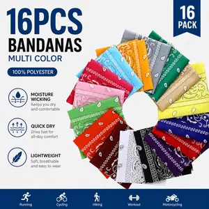 16 Pack Bandanas – Multi-Purpose Polyster Scarves, Headbands & Handkerchiefs for Women, Men, Boys, Girls – Party Favors, Outdoor Gear, Daily Accessories