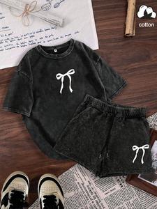 two-piece set women's bow print short sleeve tee & shorts, casual round neck t-shirt & shorts, ladies clothes for daily wear, suits, womenswear