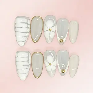 Bling by Allie WHITE GRAY MARBLE - 100% Handmade Press-On Nails | Resusable, Salon Quality, Long Lasting