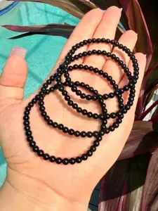 Natural Black Obsidian 4mm Beaded Stretch Bracelet Dainty Black Gemstone Minimal Crystal Stacking Jewelry