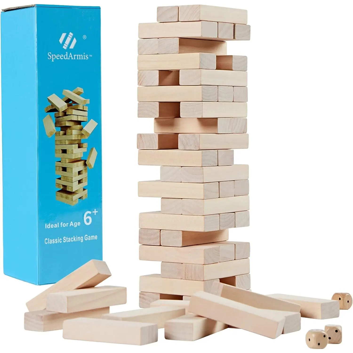 SpeedArmis Mini Tumble Tower, 54PCS Wooden Stacking Game for Teens - Pine Stack Timber Board Games with 4 Dice Set - Classic ‌   Xmas Gifts for Teens
