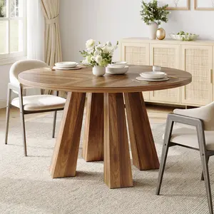 Round Dining Room Table for 4-6, 47" Wood Kitchen Table with Sturdy Base, Farmhouse Circle Dinner Table for Living Room, Apartment, 4 Strong Legs(Only Table)
