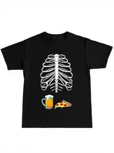 Skull Beer Pizza Print T-Shirt, Fun Halloween Tee, Breathable Loose Fit, Unisex, Casual Street Style, Perfect for Parties and Home Wear
