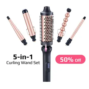 Multi-Curl 5-in-1 Ceramic Curling Wand Set,Thermal Brush and 4 Interchangeable Ceramic Wand,Fast Heat Up ,Tapered & Bubble Curling Wand, Instant Heat Curling Iron, Blowout round Brush,Loose Waves, Tight Curls, Volume, Bangs,Curling Iron, Gift Salon,summer