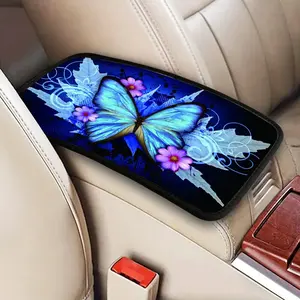 Blue Butterfly Print Armrest Box Mat, Armrest Box Protector, Center Console Cover, Car Decoration Accessories, 1pc