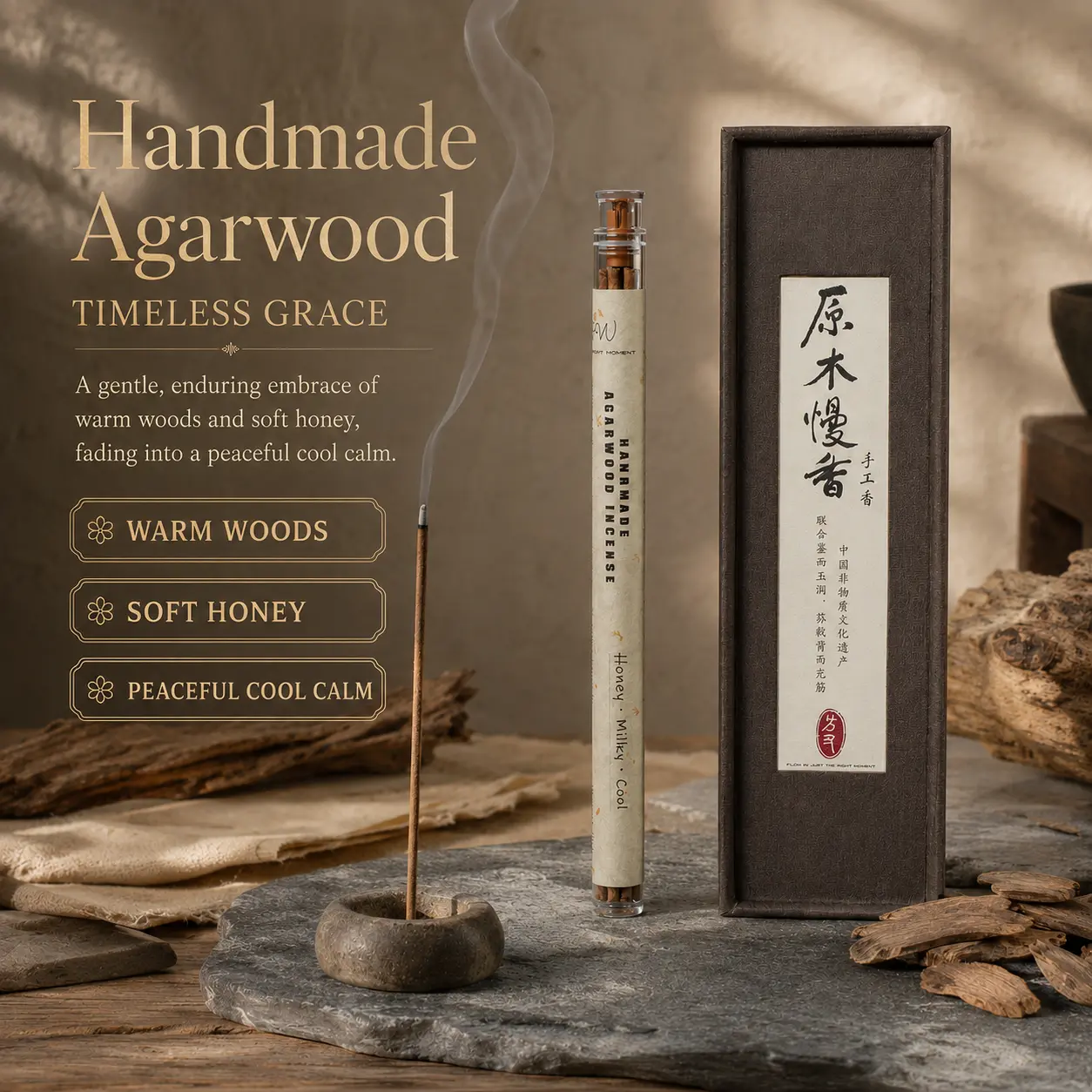 Flow - Hainan Handmade Agarwood Incense Sticks 10g, Natural Hainan Agarwood Powder, Honeyed Woody Cool Mild Layered Scent, Gentle Soothing Aroma For Long Daily Incense Sessions, Premium Artisan Home Fragrance