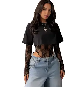 2026 Fashionable Shorts Top, Women's Lace Jacquard Long-Sleeved Bodysuit, Sexy and Trendy High Street Style Versatile Slim-Fit Women's Clothing, Valentine's Day Outfit Womenswear